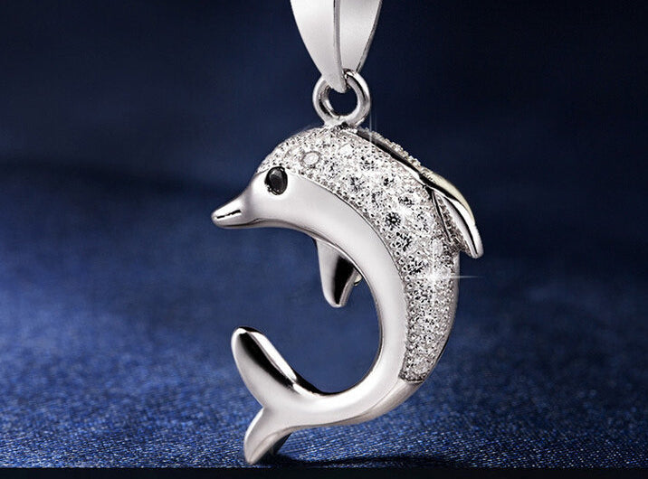 925 Sterling Silver Dolphin Necklace With Rhinestones