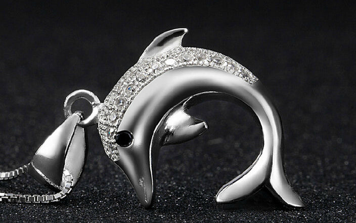 925 Sterling Silver Dolphin Necklace With Rhinestones